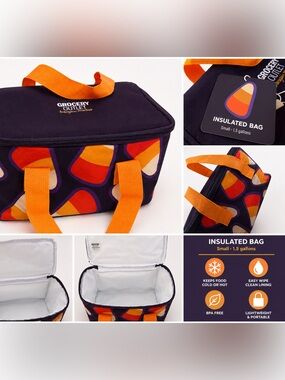 Grocery Outlet Insulated Lunch Bag in Orange & Purple Candy Corn Print